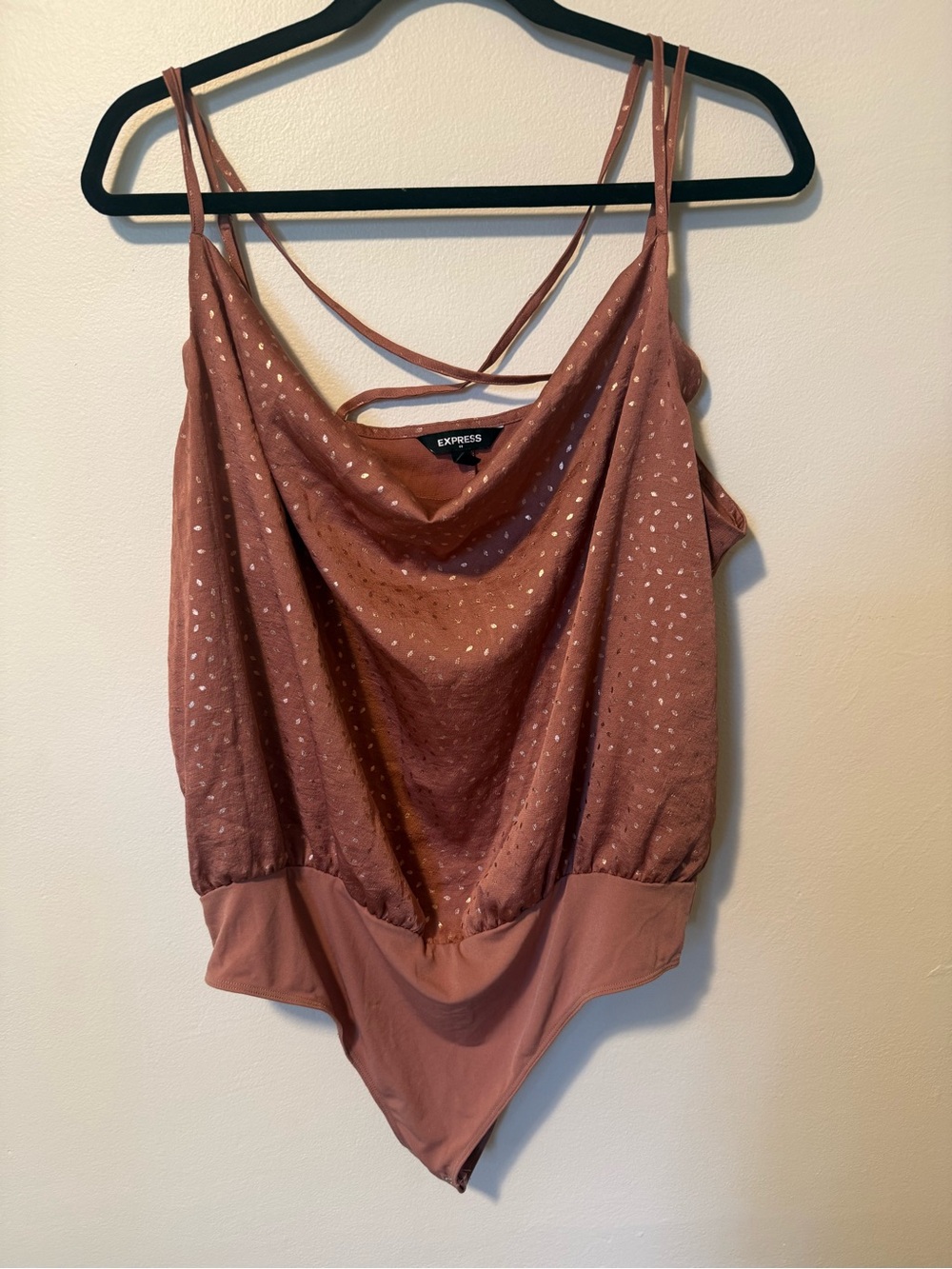 Express Women’s Pink Cowl Neck Bodysuit Straps Size XL EUC gold pattern